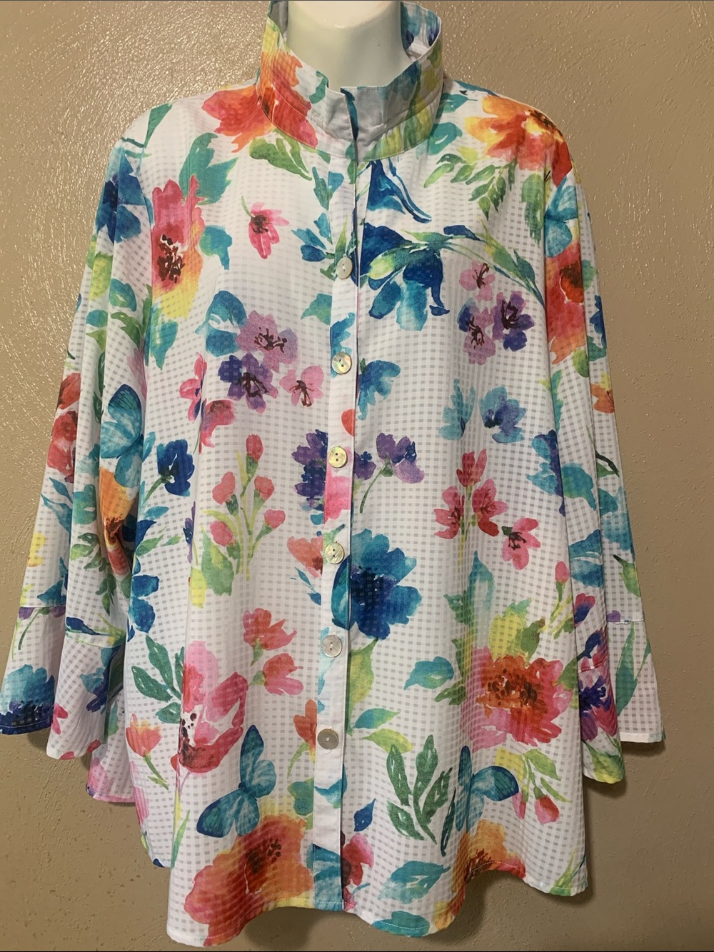 Ali Miles 1X Floral Watercolor Cotton Blend Button-Front Top - White Multi
